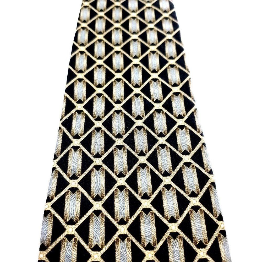 Zylos George Machado Beige Silk Tie Woven Wide Geometric - Picture 2 of 6